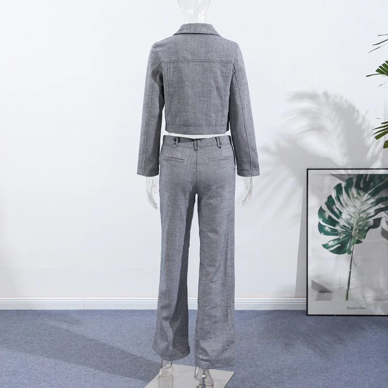 Casual Coats Pants Sets Women'S Turn-down Collar Long Sleeve Zippers Tops High Waist  Trousers 2026 Spring New Lady Chic Suit