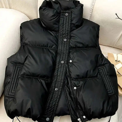 Winter Down Cotton Vest Jacket Women's 2025 New Sleevele Stand Parkas Warm Short Vest Coat Female Waistcoat Overcoat Ladies Tops