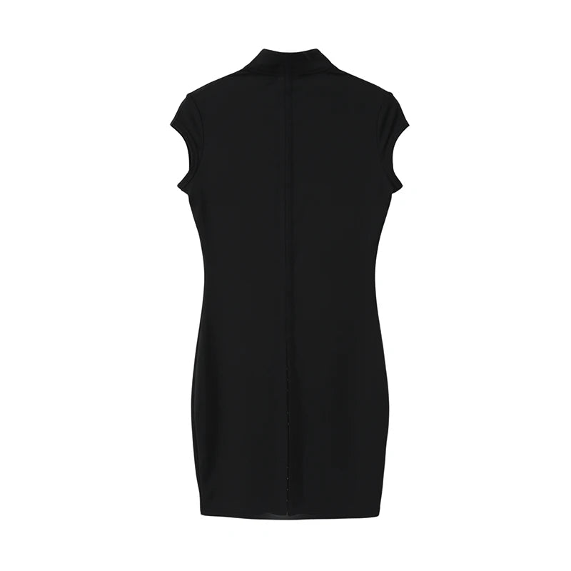 Black Hollow Out Kpop Mini Dress Women Elegant Turtleneck Short Sleeve High Waist Slim Dresses 2026 Lady Party Club Robes