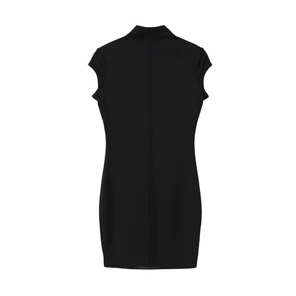 Black Hollow Out Kpop Mini Dress Women Elegant Turtleneck Short Sleeve High Waist Slim Dresses 2026 Lady Party Club Robes