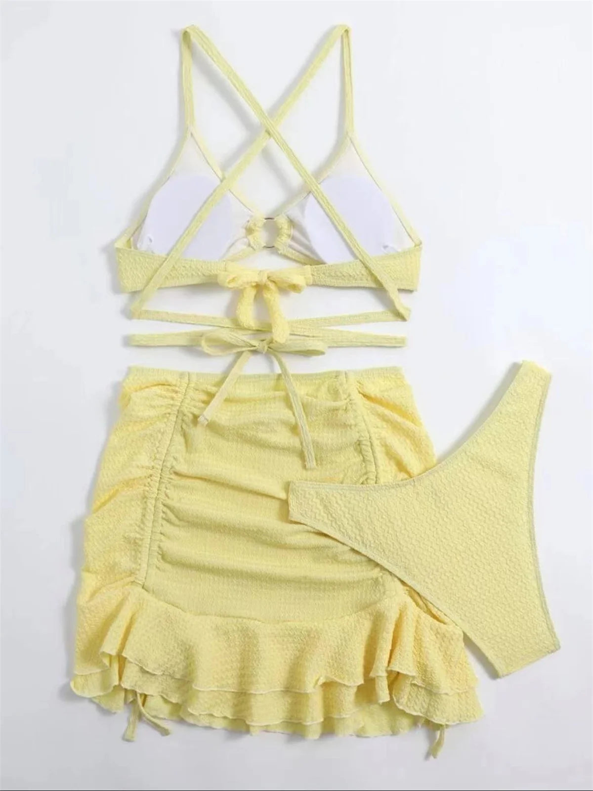 Sexy Yellow Bikini Women Solid Halter Ring Linked Criss Cross Cover Up 3 Piece Swimsuit 2026 Bathing Suit Ruffles Skirt Swimwear