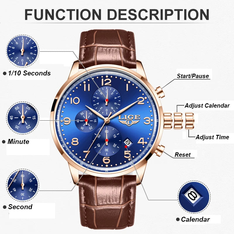 LIGE Casual Sports Watches For Men Fashion Business Leather Waterproof Quartz Men Watch Top Brand Luxury Military Chronograph