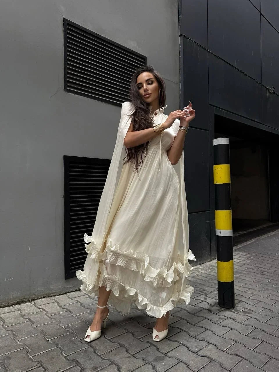 Elegant Ruffle V-neck Maxi Dress Women Chic Lapel Pleated Sleeveless High Waist Dresses Fashion 2025 Summer Lady Vacation Robes