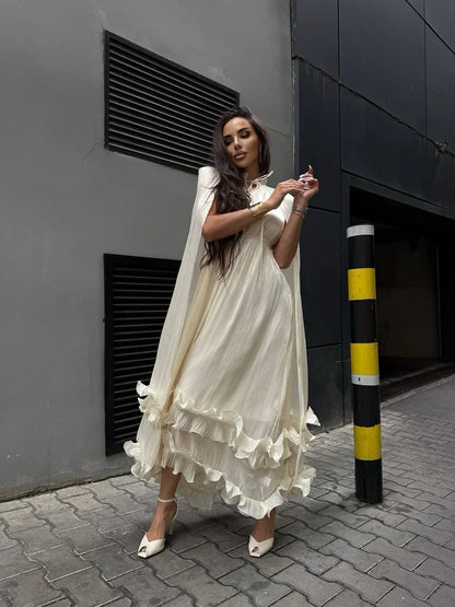 Elegant Ruffle V-neck Maxi Dress Women Chic Lapel Pleated Sleeveless High Waist Dresses Fashion 2025 Summer Lady Vacation Robes