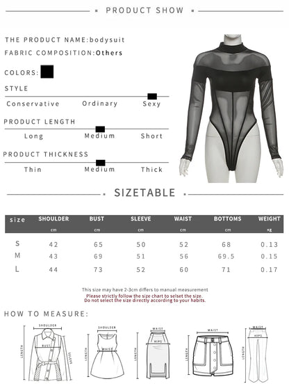 Weird Puss Coquette See Through Bodysuit Women Sexy Wild Mesh Hipster Patchwork Full Sleeve Midnight Stretch Street Clubwear