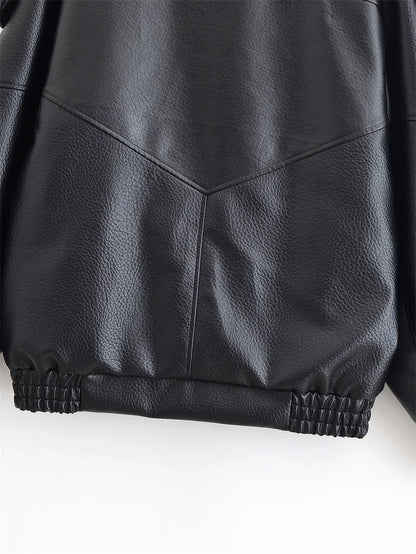 Women's Jacket Fall 2025 New Black Long Sleeve Pebble Faux Leather Jacket Motorcycle Style Personality Fashion