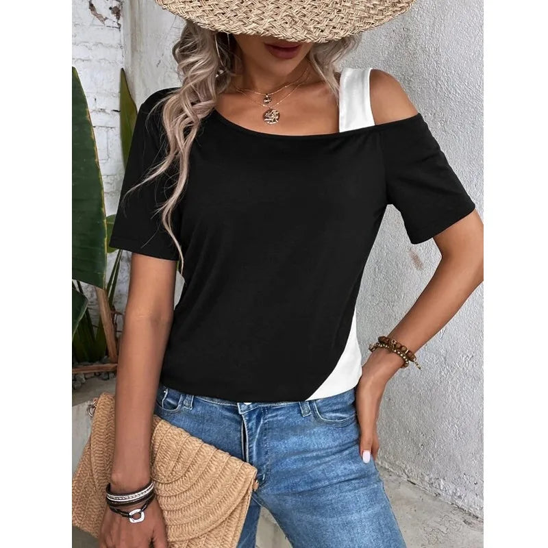 Chic Color Blocking Short Sleeved Women Solid Color Off Shoulder Asymmetric T-Shirt Female Summer Casual Tops