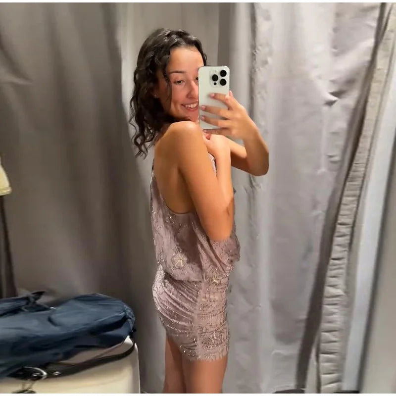 Sexy Sequin Women's Beads Sling Dress Fashion V-Neck High Waist Slim Fit Lady's Dresses Summer Beach Holiday Party Robes