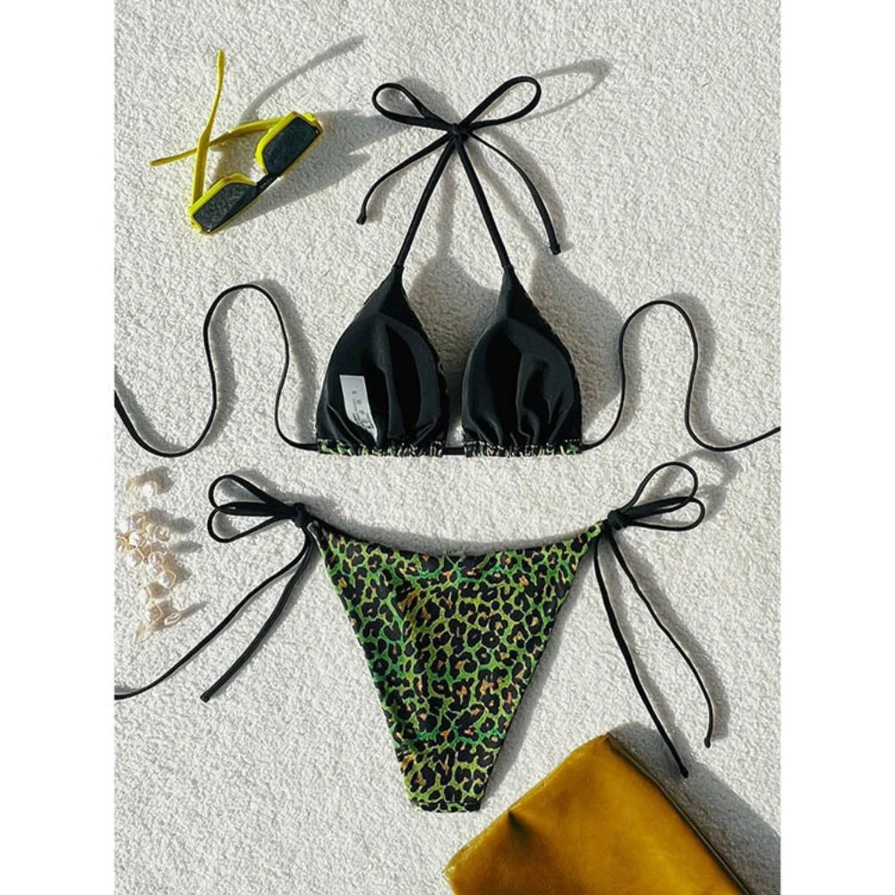 Sexy Leopard Print Two Piece Swimsuit Set Triangle Bra Suspender Halter Backless Bikini Set Beach Vacation Lace-up Swimwear 2025