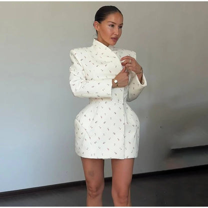 White Waist Cinching Floral Shoulder Pad Blazer Long Sleeve Single Breasted Jacket for Summer 2025 Elagant Female Outwear