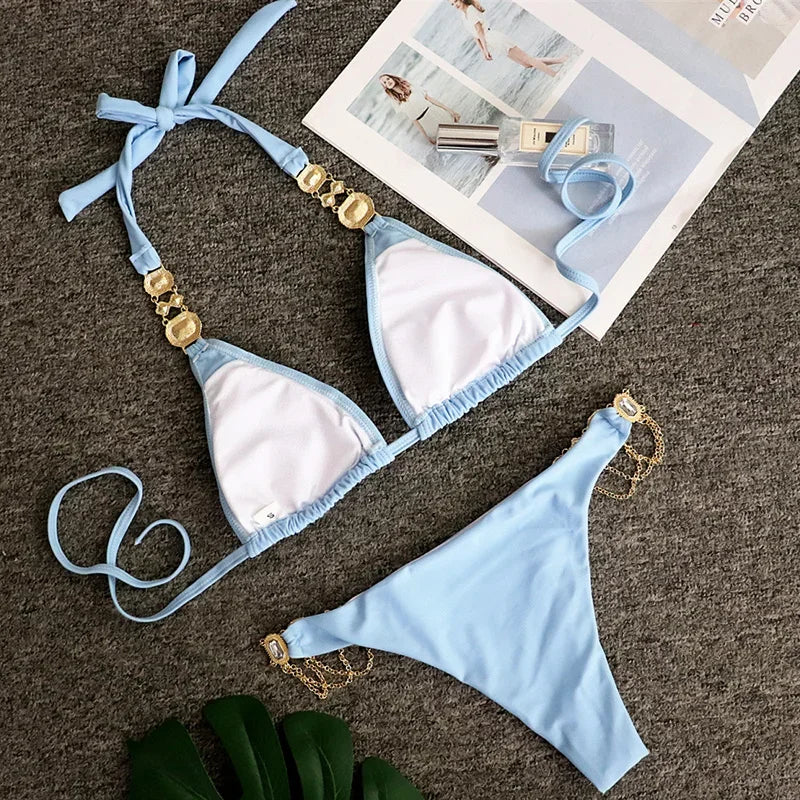 2026 Shiny Rhinestone Diamond Bikini Women Swimsuit Female Swimwear Two Pieces Bikini Set Halter Metal Chains Bathing Suit Swim