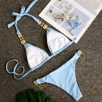 2026 Shiny Rhinestone Diamond Bikini Women Swimsuit Female Swimwear Two Pieces Bikini Set Halter Metal Chains Bathing Suit Swim