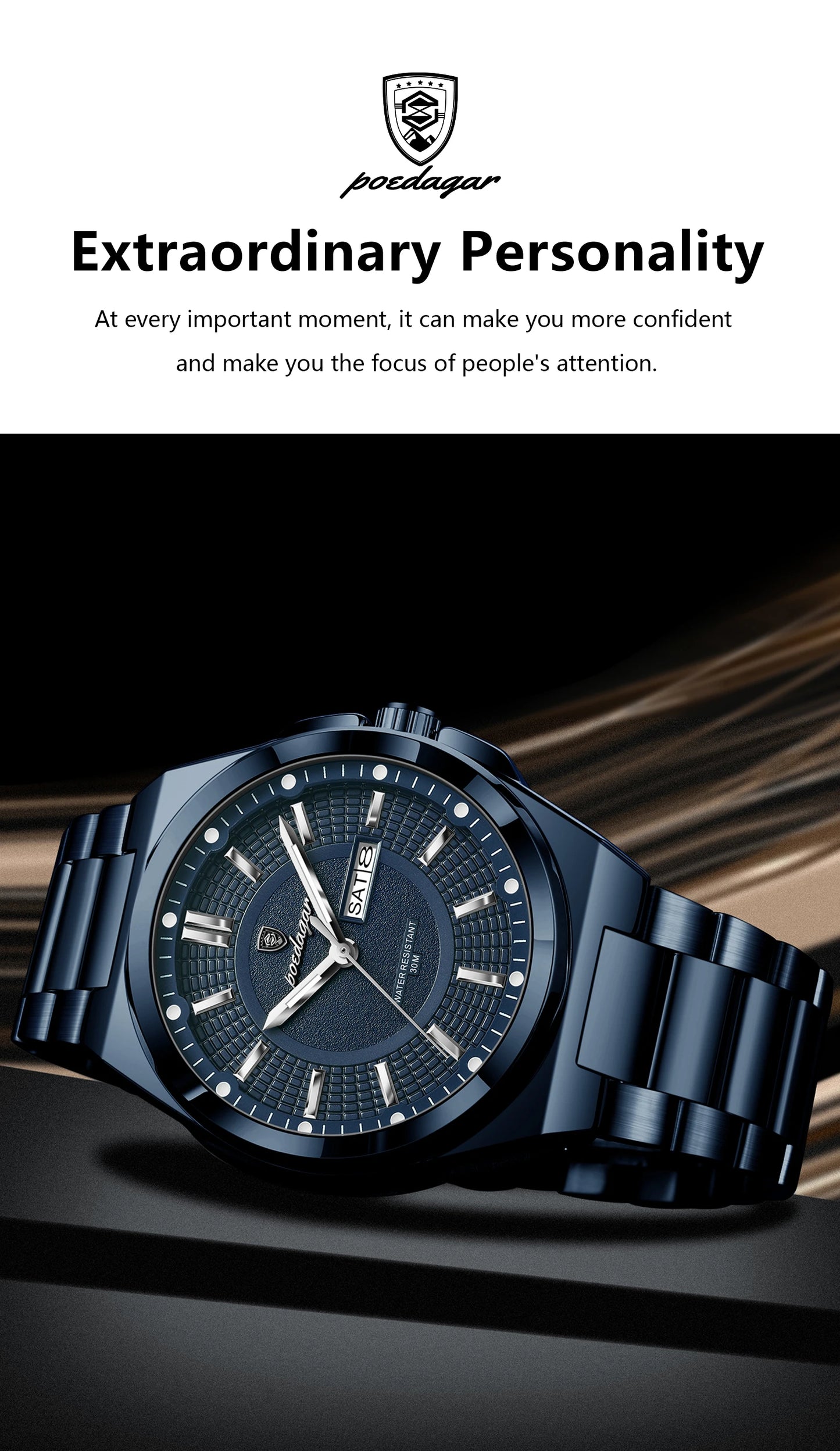 POEDAGAR Top Business Men's Watches Stainless Steel Waterproof Luminous Man Watch Date Week Quartz Casual Fashion Men Wristwatch