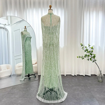 Sharon Said Luxury Pearls Dubai Champagne Evening Dresses with Cape New Arabic Women Mermaid Wedding Party Prom Dress SS369