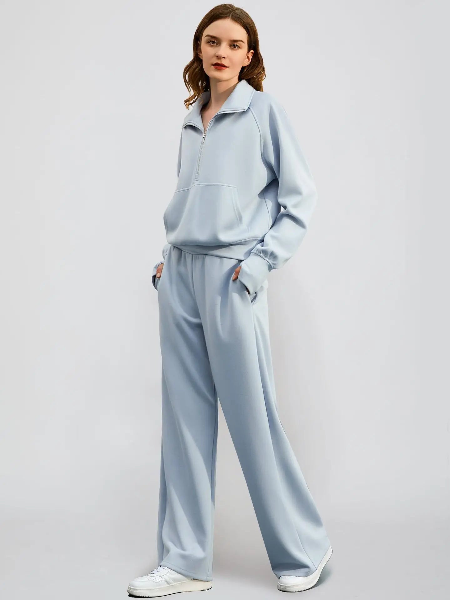 Woman Solid Color Half Zip Long Sleeve Sweatshirt and Wide Leg Pants Set Casual Sporty Two Piece Outfit