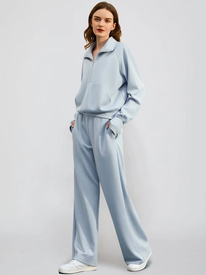 Woman Solid Color Half Zip Long Sleeve Sweatshirt and Wide Leg Pants Set Casual Sporty Two Piece Outfit