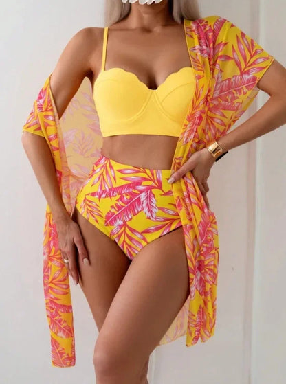 High Waist Leaf Print Bikini Swimsuit with Net Cover up Slimming Design Cross-Border New Style Women's Fashion Swimwear