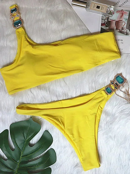 2026 Shiny Rhinestone Diamond Bikini Women Swimsuit Female Swimwear Two Pieces Bikini Set Halter Metal Chains Bathing Suit Swim