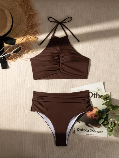 Sexy Halter Pleate Bikini Set 2026 Women Coffee Push Up Crop Top with High Waist Swimsuit Summer Holiday Bathing Suit Swimwear
