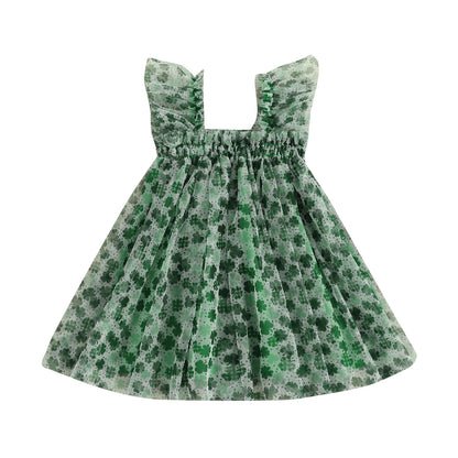 MISOWMNJOY Summer Baby Girls Chiffon Dresses Princess Sleeveless Clover Strawberry Print A-line Dress Mesh Tulle Kids Sundress