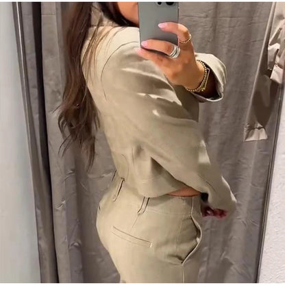 Casual Coats Pants Sets Women'S Turn-down Collar Long Sleeve Zippers Tops High Waist  Trousers 2026 Spring New Lady Chic Suit