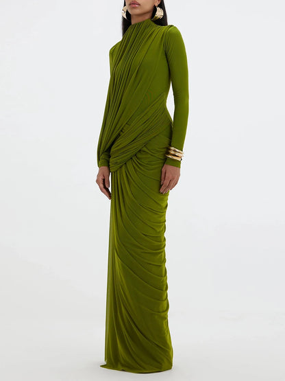 VGH Elegant Vintage Spliced Ribbon Dresses for Women Turtleneck Long Sleeve Irregular Folds Evening Luxurious Maxi Dress Female