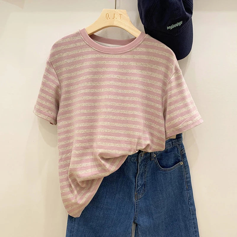 Summer Short Sleeve Striped T-Shirts Versatile Women Knitted Basic Casual Tops Female Cozy Loose Cotton Tees 2023 Harajuku Shirt
