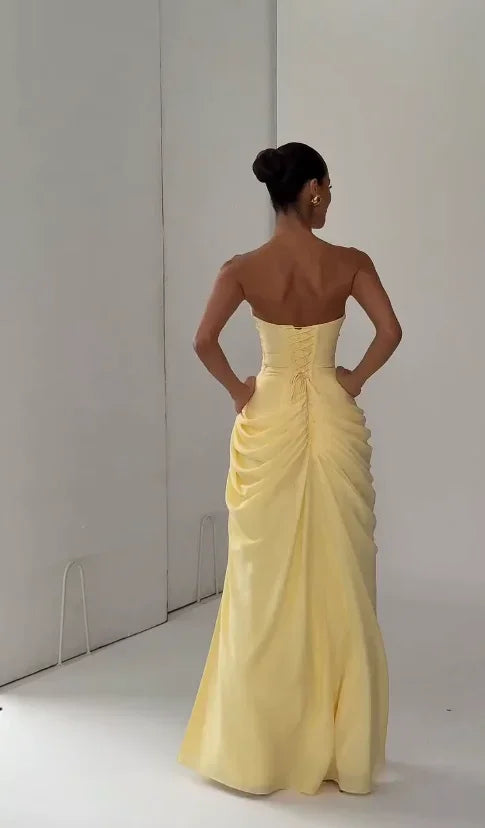 Elegant Yellow Strapless Pleated Dress Women Chic Sleeveless Waist Cinching Split Maxi Gowns Lady Evening Party Dresses 2026 New