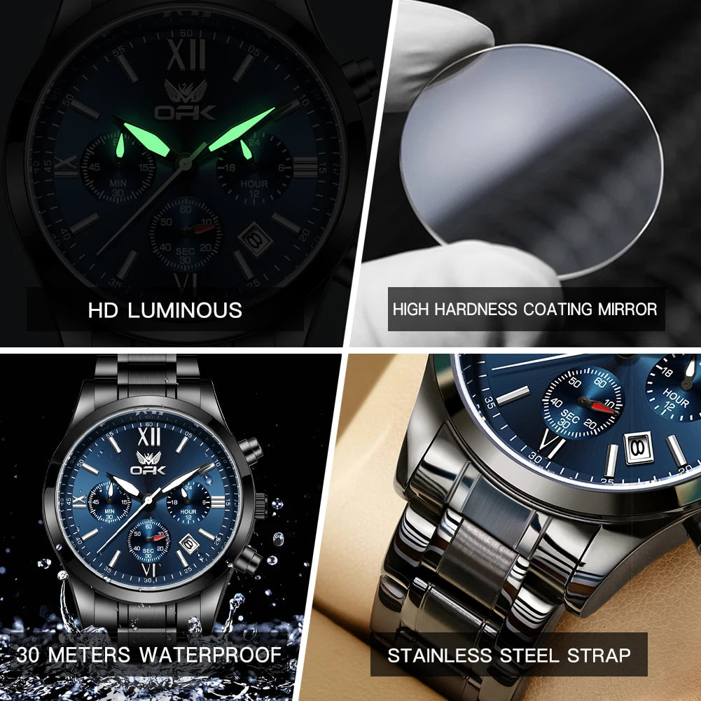 OPK 6052 Chronograph Quartz Wristwatch Original Steel Strap Waterproof Luminous Calendar Fashion Elegant Men's Business Watches