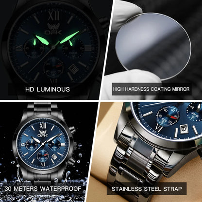 OPK 6052 Chronograph Quartz Wristwatch Original Steel Strap Waterproof Luminous Calendar Fashion Elegant Men's Business Watches