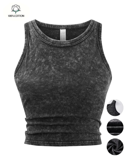 Y2k Cotton Solid Tank Tops For Womens Summer Sexy Sleeveless O-Neck Tight Washed Crop Tees Casual All-math Basic Streetwear