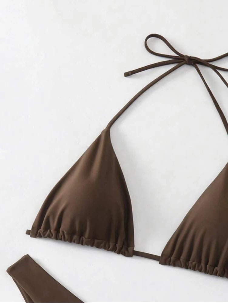 2025 New Bikini Set Women Sexy Simple Solid White/Black/Coffee Halter Bikini Swimsuit Lace Up Brazilian Beach Bathing Suit