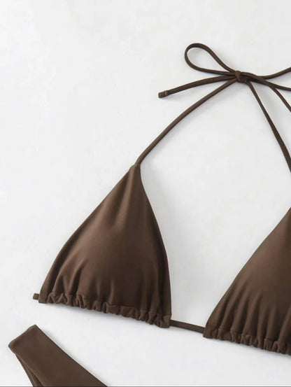 2025 New Bikini Set Women Sexy Simple Solid White/Black/Coffee Halter Bikini Swimsuit Lace Up Brazilian Beach Bathing Suit