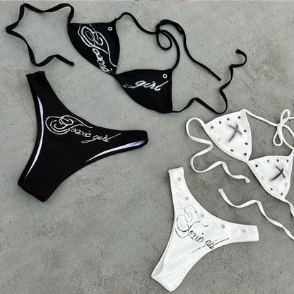 Fashionable letter printed sexy bikini set women's swimsuit patch swimsuit hot pants set summer casual niche fashion Y2k style
