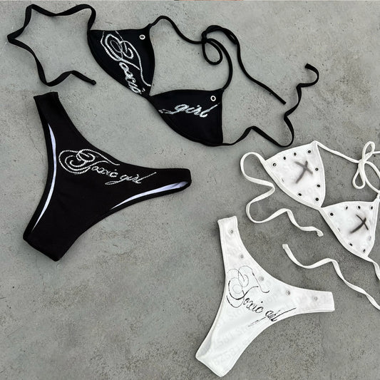 Fashionable letter printed sexy bikini set women's swimsuit patch swimsuit hot pants set summer casual niche fashion Y2k style