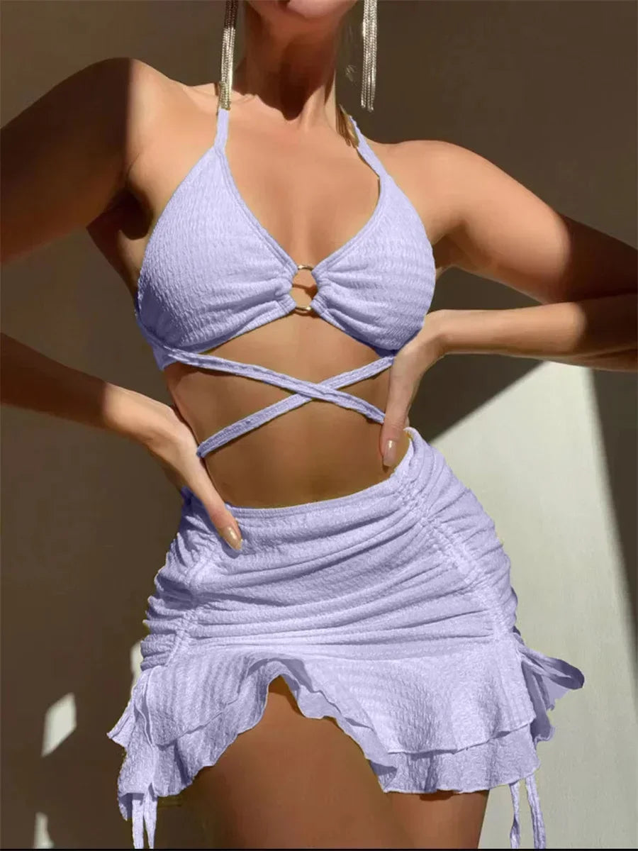 Sexy Yellow Bikini Women Solid Halter Ring Linked Criss Cross Cover Up 3 Piece Swimsuit 2026 Bathing Suit Ruffles Skirt Swimwear