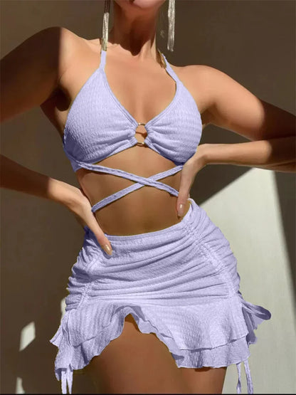 Sexy Yellow Bikini Women Solid Halter Ring Linked Criss Cross Cover Up 3 Piece Swimsuit 2026 Bathing Suit Ruffles Skirt Swimwear