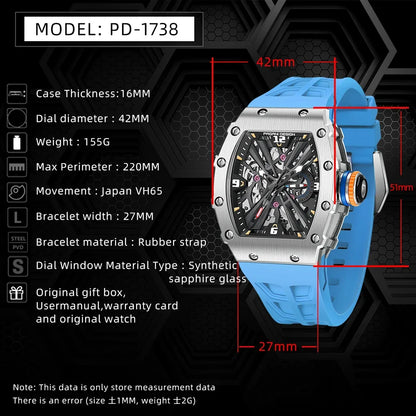 PAGANI DESIGN  Luxury Mens Quartz Watches Barrel Shape Waterproof Wrist Watch For Men VH65 Silicone Luminous Sapphire Mirror