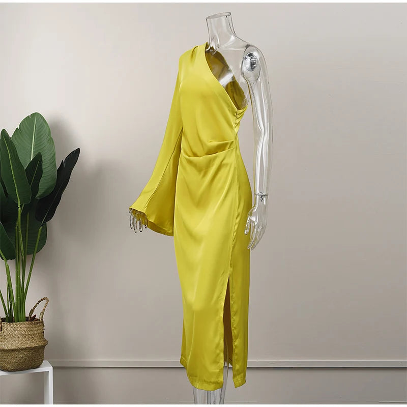 Sexy Women One Shoulder Long Sleeve Dresses Elegant Backless Split Side Slit Bodycon Dress 2023 Fashion Pleated Ladies Robe