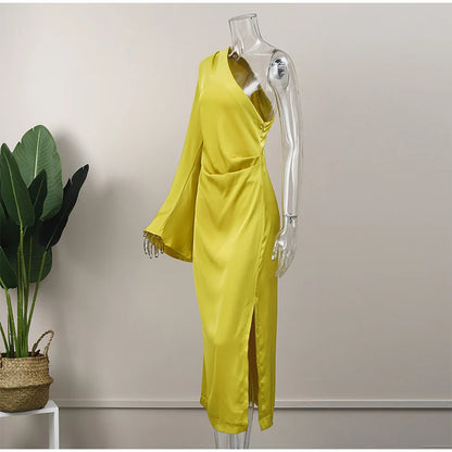Sexy Women One Shoulder Long Sleeve Dresses Elegant Backless Split Side Slit Bodycon Dress 2023 Fashion Pleated Ladies Robe