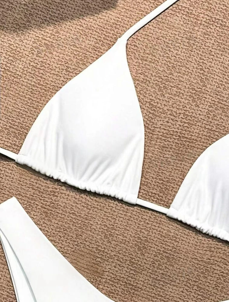 2025 New Bikini Set Women Sexy Simple Solid White/Black/Coffee Halter Bikini Swimsuit Lace Up Brazilian Beach Bathing Suit