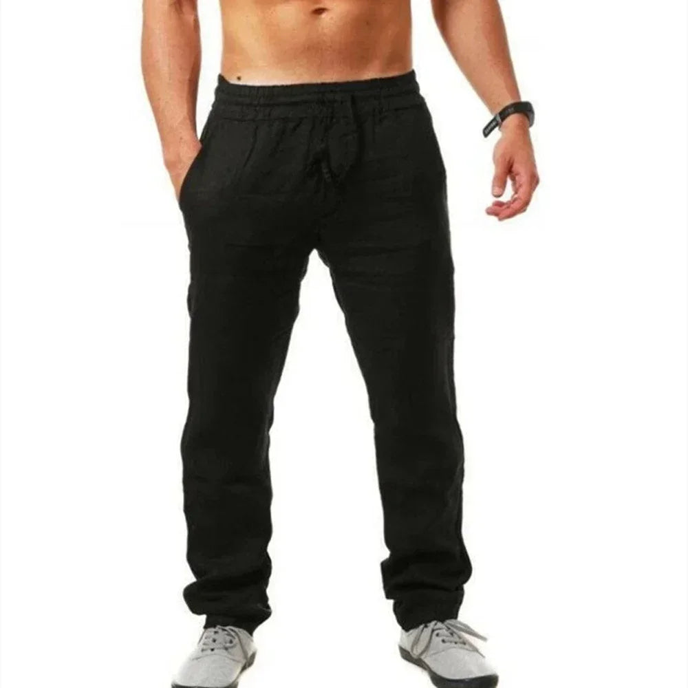 Men's Cotton Linen Pant Loose Breathable Elastic Waist Pants Solid Color Casual Jogging Fitness Trousers Summer Sports Sweatpant