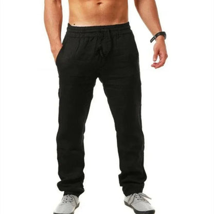 Men's Cotton Linen Pant Loose Breathable Elastic Waist Pants Solid Color Casual Jogging Fitness Trousers Summer Sports Sweatpant