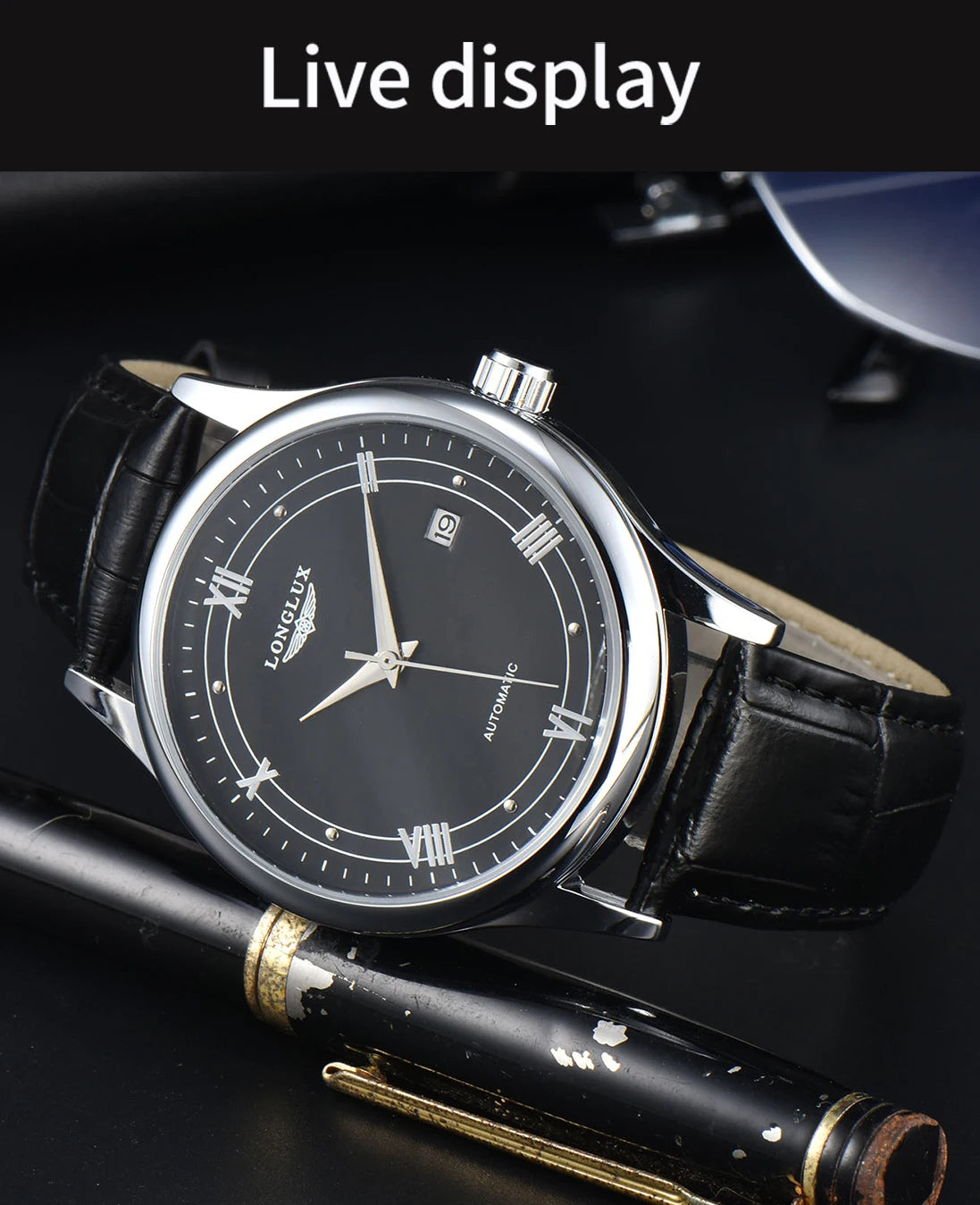 Men automatic watch simple mechanical watches  date waterproof fashion leather gift