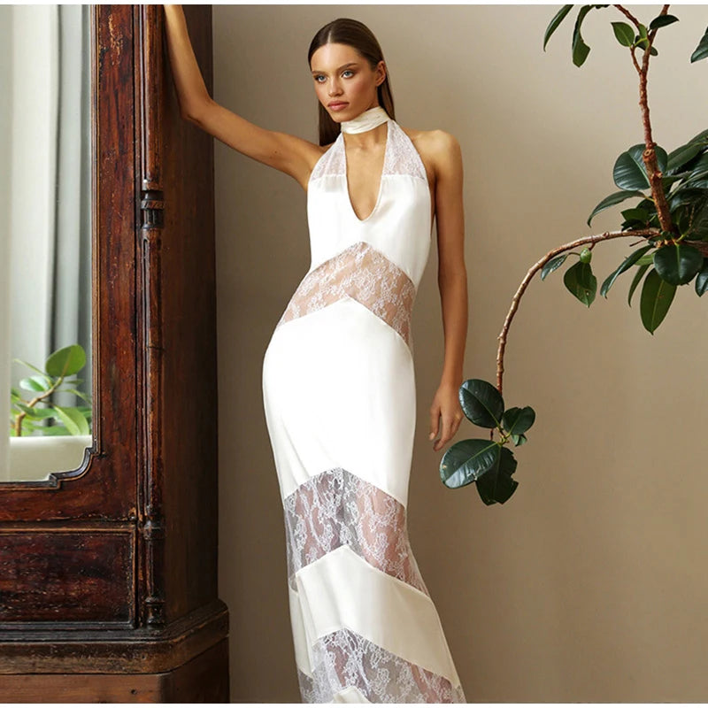 Elegant Lace Spliced Halter Long Dress Women Sexy Backless See Through Female Party Dresses 2025 Summer Lady Chic Evening Gowns