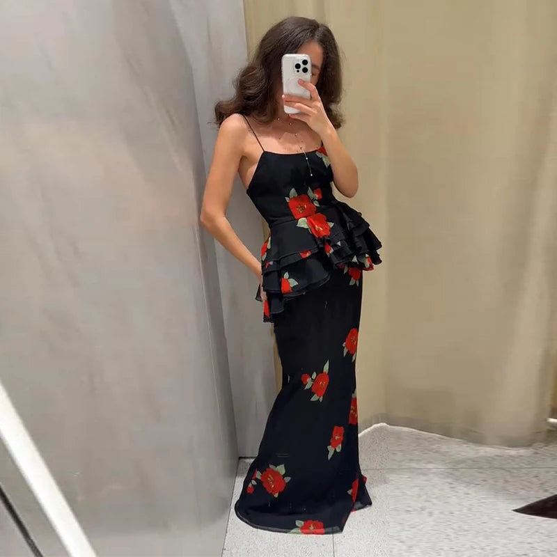 Printed Ruffle Top Skirt Set Women Slim Sling Sleeveless Backless Vest Straight Long Skirts 2025 Summer Elegant Sexy Lady Outfit