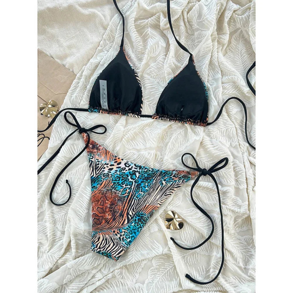 Sexy Leopard Print Two Piece Swimsuit Set Triangle Bra Suspender Halter Backless Bikini Set Beach Vacation Lace-up Swimwear 2025