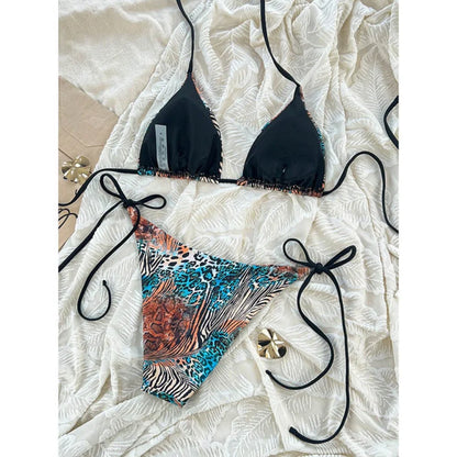Sexy Leopard Print Two Piece Swimsuit Set Triangle Bra Suspender Halter Backless Bikini Set Beach Vacation Lace-up Swimwear 2025