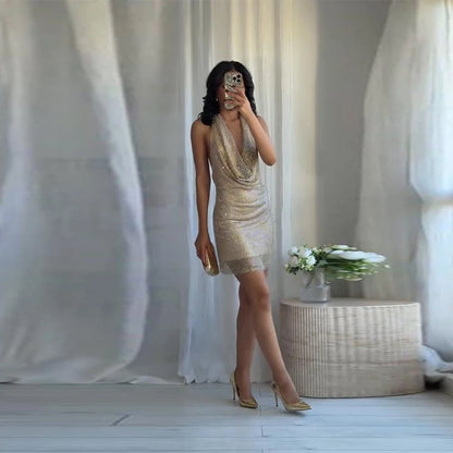 Sexy Diamond Halter Dress Women Shinny Sleeveless Backless V-neck Slim A-line Dresses Female 2026 Spring Summer Party Lady Robes