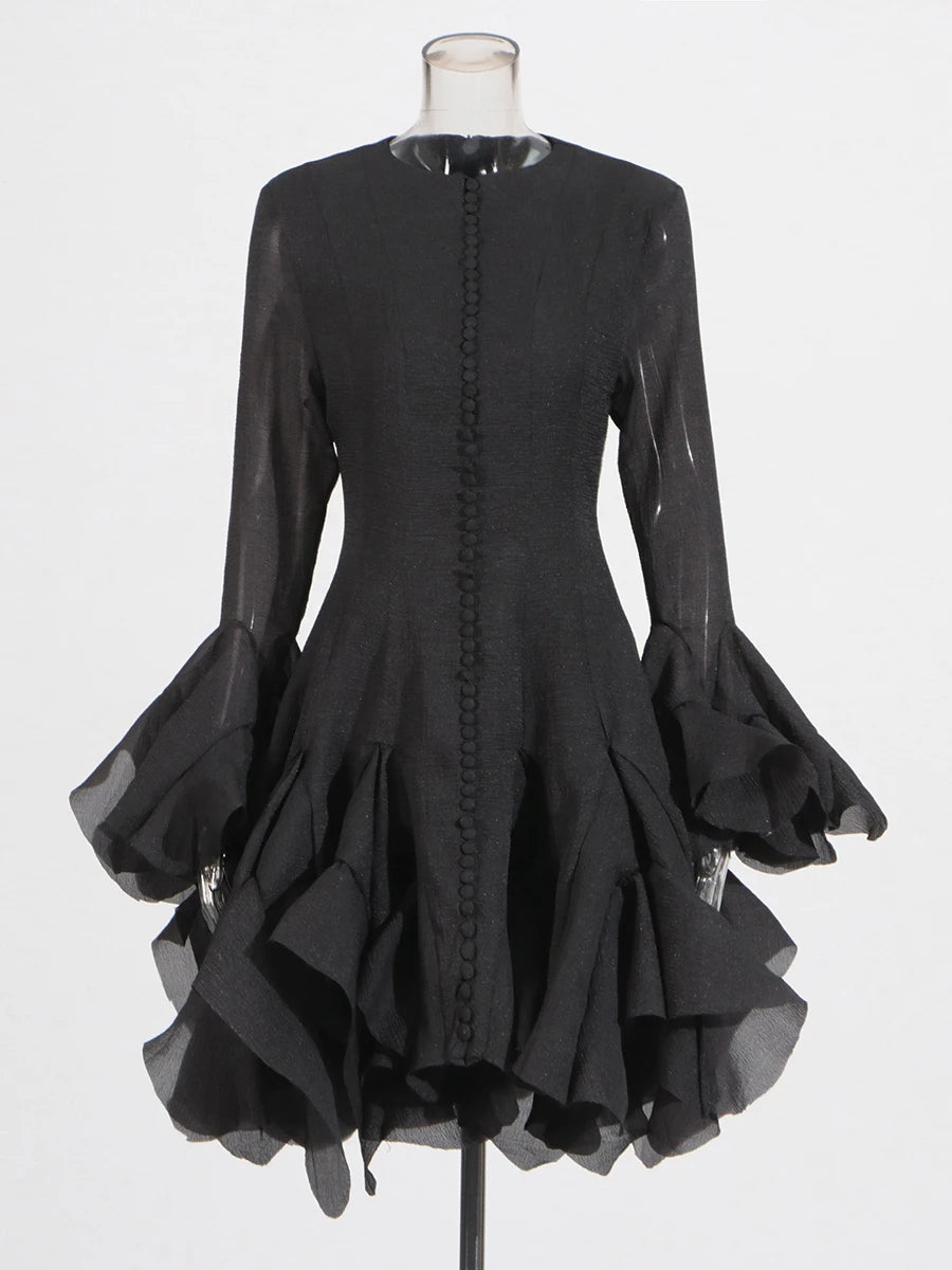 VGH Sweet Ruffles Elegant Knee Length Dresses for Women Round Neck Flare Sleeve High Waist Spliced Button  A Line Dress Female
